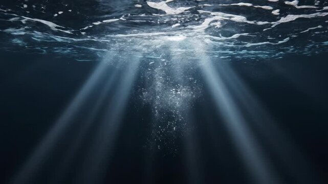 A slow, deep dive below a dark water surface, showing distorted light patterns and volumetric rays reflecting across the rippling abstract ceiling meditation, liquid movement, ocean floor