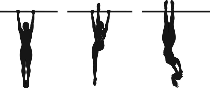 Gymnastics bar exercise silhouette collection showing hanging, leg raise, and inverted positions illustrated in black flat vector style isolated on white background for fitness, sport, and training de