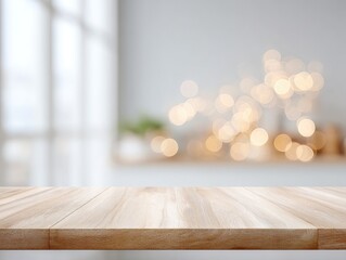 Light wood surface, soft bokeh lights, blurred window backdrop