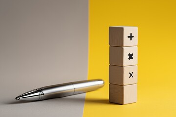 Silver pen and wooden blocks with math symbols on yellow and gray background