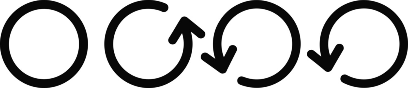 Circular arrow and loop icon collection featuring refresh, reload, rotate, undo, and redo symbols illustrated in minimalist black flat vector style isolated on white background for user interface, inf