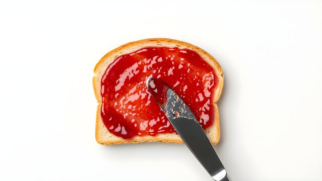 Spreading delicious strawberry jam on a slice of white bread with a knife, close-up view from above