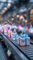 Shiny Wrapped Gifts on a Conveyor Belt With Colorful Holiday Lights and Decorations During Christmas Time