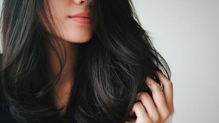Fototapeta premium Young woman showing healthy, shiny black hair, touching her flowing locks with fingers, emphasizing hair care, beauty, and natural volume against a soft background