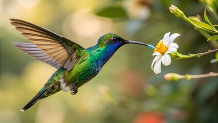 Naklejka premium Hummingbird feeding on white flower