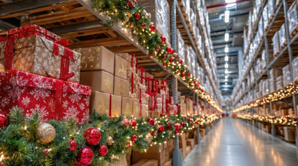 Holiday Gifts Are Arranged Neatly on Shelves With Decorations and Lights Creating a Festive Atmosphere in a Storage Space