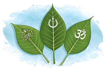 Three green leaves with symbols