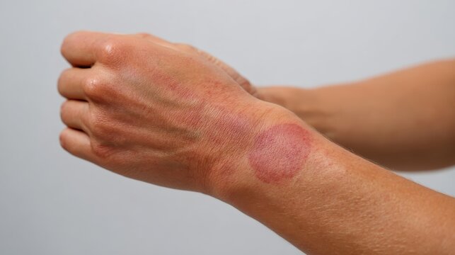 Person experiencing a severe allergic skin reaction on wrist and hand, visible as inflamed red rashes and irritation, indicating eczema, psoriasis, or contact dermatitis
