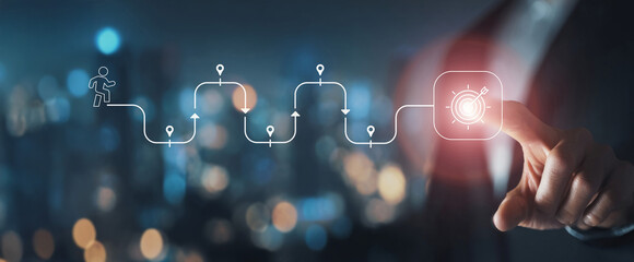 Journey to the goal, business planning concept. The interaction is simplified: Touching a glowing target icon on a connected path with milestones and a running figure.