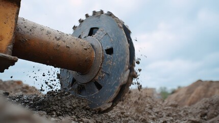 Close up of an industrial cutting hine s rotary wheel digging into wet mud and soil