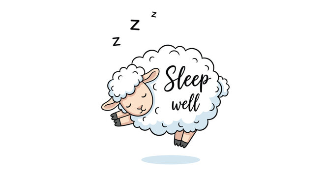 Adorable cartoon sheep leaping and sleeping with 'Z's above its head, featuring the comforting phrase 'Sleep well' in a cute script.