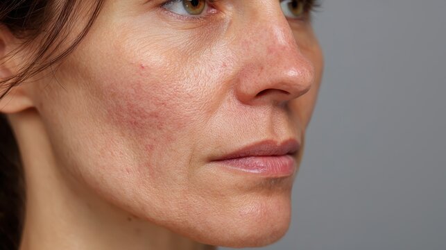 Woman's half face features skin redness, visible capillaries, and inflammation, representing common symptoms associated with rosacea, couperose, and various dermatological ailments