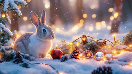 Rabbit Sits Among Holiday Decorations and Snow in a Winter Scene With Lights and Ornaments