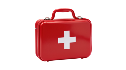 Red first aid kit with white cross symbol