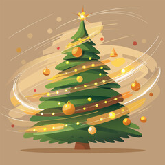 Stylized christmas tree with swirling lights and golden ornaments illustration