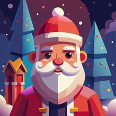 Festive illustration of santa claus with winter landscape and twinkling lights