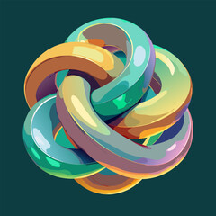 Colorful abstract rendering of a complex interwoven knot design on teal
