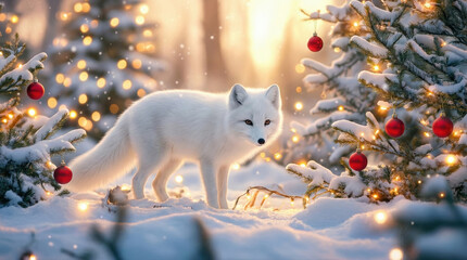 White Fox Stands Among Decorated Pine Trees in Fresh Snow With Warm Light Glowing in the Background During Winter Holiday Season