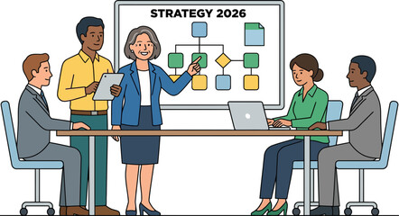 Business team collaborating on strategy planning with flowchart and digital devices in modern office setting with transparent background