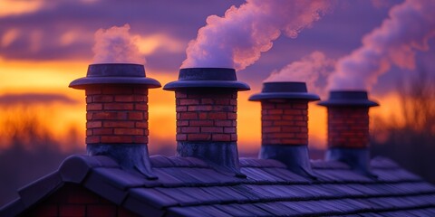 Smoking chimneys on rooftop at sunset creating pollution