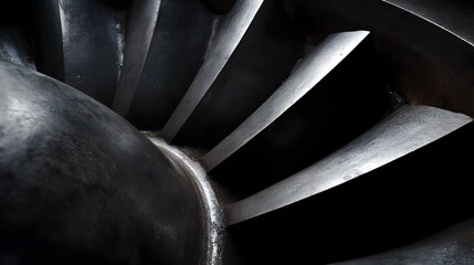 Detailed close up of metallic turbine blades showcasing intricate engineering and dramatic lighting within industrial hinery