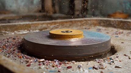 Colorful fragments splash around a rotating grinding wheel in an industrial lapidary process
