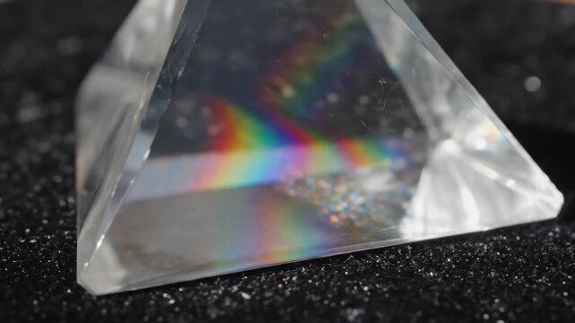 Cinematic close-up of a clear triangular crystal prism refracting sunlight and casting internal slow shifting multicolored rainbow reflections pure, brilliance, color