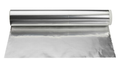 Shiny metallic aluminum foil roll unrolled for cooking and food packaging on a black background isolated on transparent background