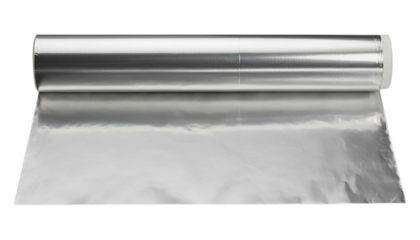 Shiny metallic aluminum foil roll unrolled for cooking and food packaging on a black background isolated on transparent background