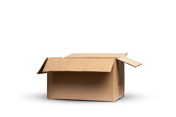 Side view of open cardboard box isolated from background