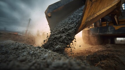 Wet concrete mixture is poured from a construction vehicle s bucket onto a dusty ground at dawn