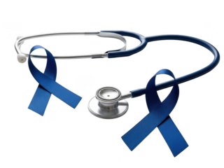 Two blue awareness ribbons symbolizing support for mens health issues like prostate cancer, lying next to a medical stethoscope, isolated on transparent background