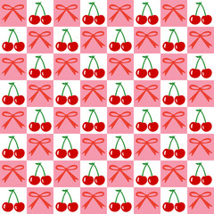 Seamless cherry and ribbon bow pattern on checkered pink background. Ideal for printing, baby clothes, wallpaper, packaging.