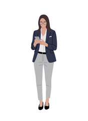 Professional business woman in formal attire standing and using a smartphone. Minimalist flat illustration isolated on transparent background.