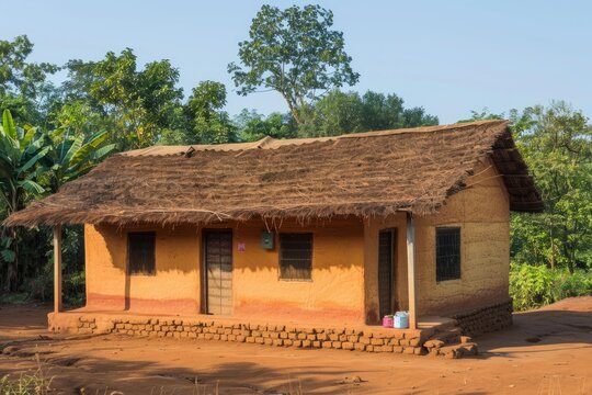 Simple mud hut with thatched roof stands in a rural african landscape, representing traditional housing and sustainable living