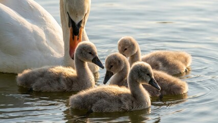 Adult Swan Swimming With Cygnets On Calm Water At Golden Hour Warm Sunlight