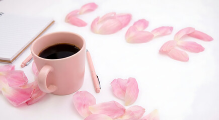 Creative LOVE Word Made of Pink Rose Petals with Coffee and Notebook Flat Lay, Romantic Minimalist Style for Valentine Day, Wedding Planning, Feminine Journaling and Love Themed Social Media.