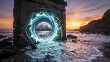Ancient Stone Archway Portal To Another Dimension At Sunset On Rocky Beach