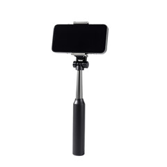 Smartphone attached to an extendable black selfie stick