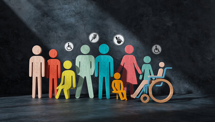 Inclusive community concept with diverse wooden people figures, various colors, sizes, and abilities, including wheelchair and child, under spotlight, symbolizing unity and acceptance