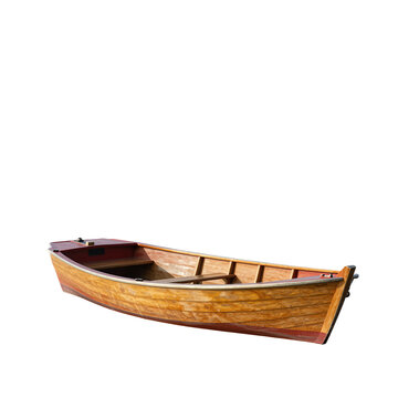 Small wooden rowboat with oars and built-in seating.