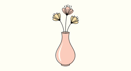 Simple and delicate hand-drawn illustration of three minimalist flowers with thin black stems in a smooth, pink vase on a light background.
