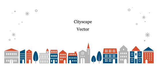 シンプルな冬の街並みのイラスト素材 ベクター 家 雪 白背景 フレーム