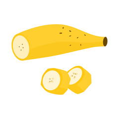 Banana vector illustration with whole fruit and sliced pieces. Yellow ripe banana isolated on white background. Flat food design, fresh tropical fruit.