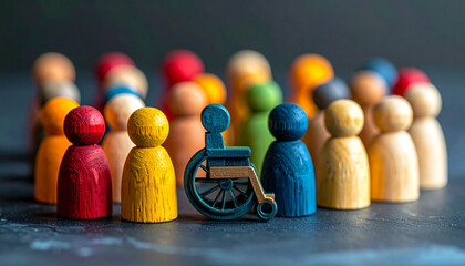 Colorful wooden figures stand together, with blue wheelchair symbol figure in center, representing inclusion, diversity, and accessibility in supportive community setting