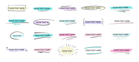 Label vintage handwriting design template. Marker or pen color writing text. Ribbon type frame. Square, circle, parentheses, message and lines doodle hand drawn.