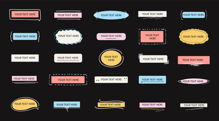 Label vintage handwriting design template. Marker or pen writing text. Ribbon type frame. Square, circle, parentheses, message and lines doodle hand drawn.