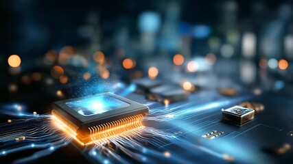 Abstract digital illustration of glowing microchip with neon circuitry, modern technology and innovation representation, tech blogs AI content and digital marketing materials, defo