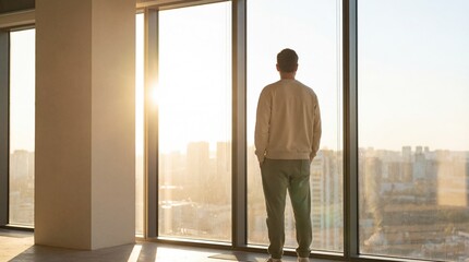 A lone figure standing in a modern interior, gazing out at a cityscape bathed in morning light
