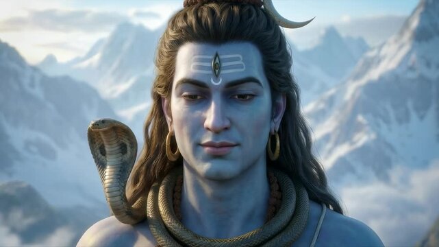 A calm divine figure faces forward in a vast Himalayan landscape, radiating serenity, spiritual strength, and timeless divine presence.